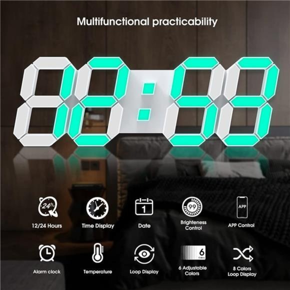 15" Multicolor LED Digital Wall Clock Alarm Clocks with APP Control,3D LED Light - Picture 4 of 12